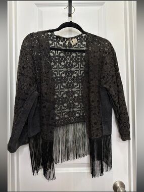Gimmicks Buckle Size XL Black Lace & Fringe cardigan